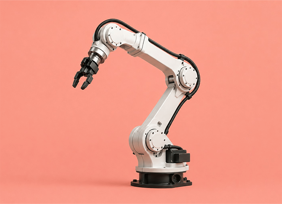 Industrieroboterarm vor neutralem Hintergrund als Symbol für Automatisierung, Standorteffizienz und Produktionsnetzwerk-Optimierung.