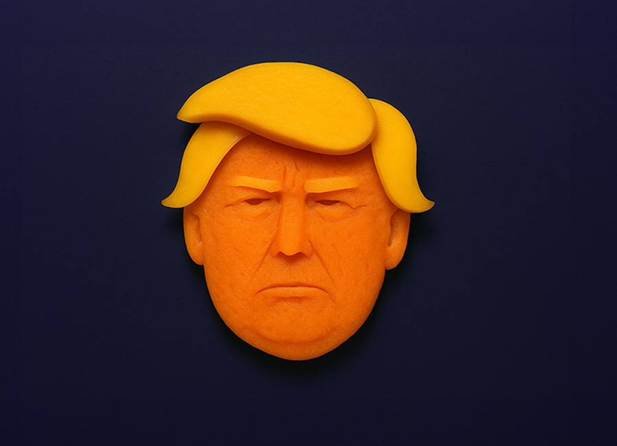 Symbolic representation of a stylized head with a striking hairstyle, inspired by US politics.